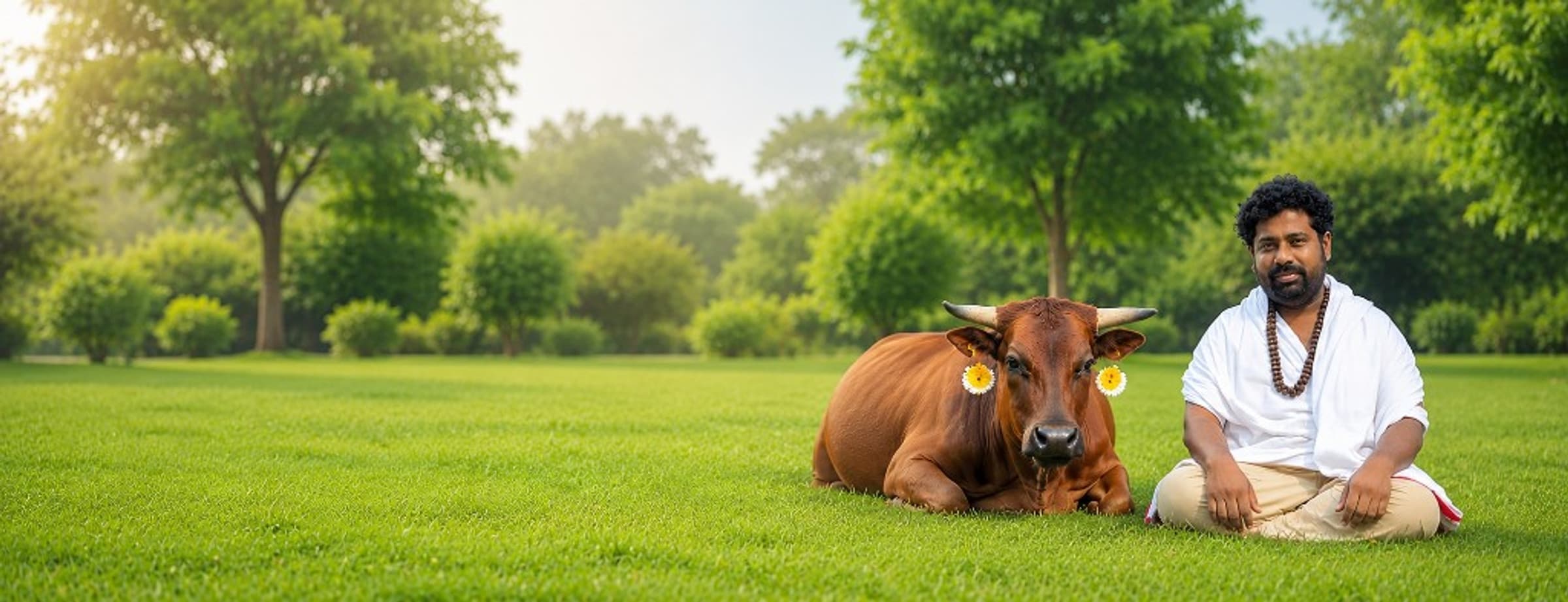 Guruji with holy cow at Sai Samsthana Goshala